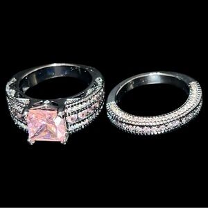 Elegant Pink Stone Silver Ring Set